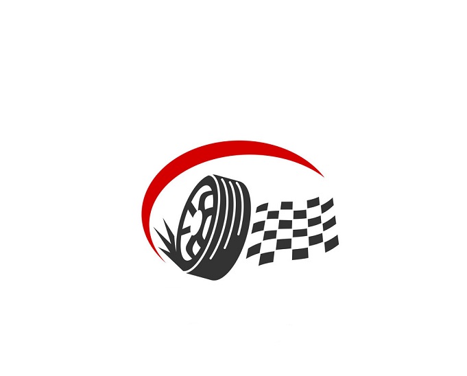 Tires shop logo design template. Silhouette tire, racing flag.